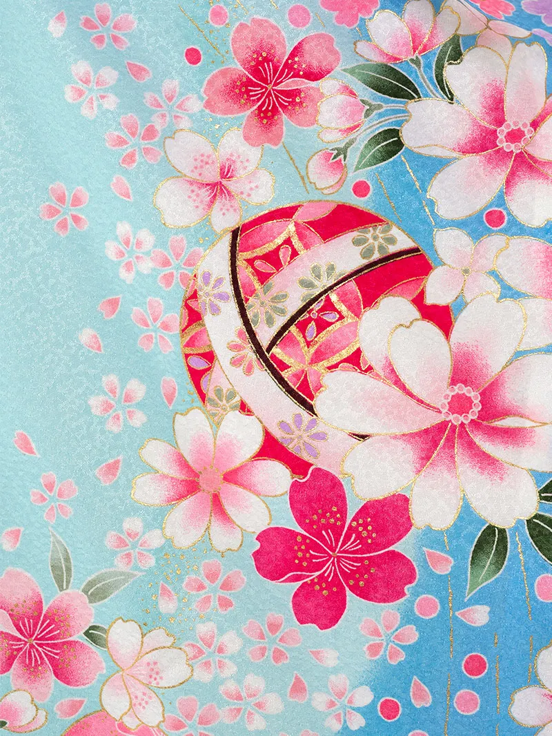 女児袴レンタル(7歳)0100 水色地に鞠と桜＆バイカラー袴アイボリー