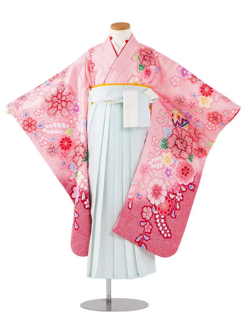 女児袴レンタル(7歳)0101 ピンク疋田に牡丹と藤＆バイカラー袴ミント