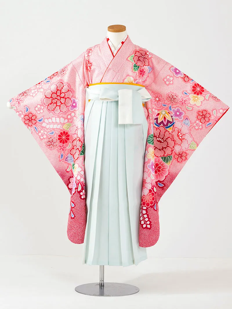 女児袴レンタル(7歳)0101 ピンク疋田に牡丹と藤＆バイカラー袴ミント