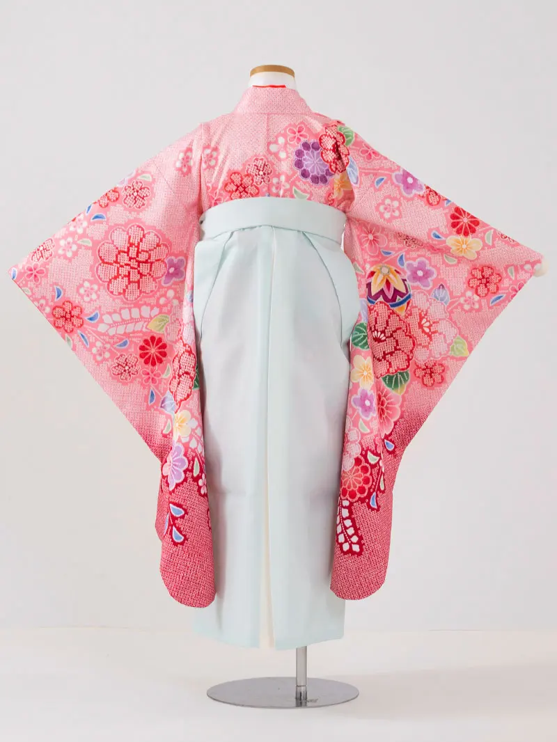 女児袴レンタル(7歳)0101 ピンク疋田に牡丹と藤＆バイカラー袴ミント