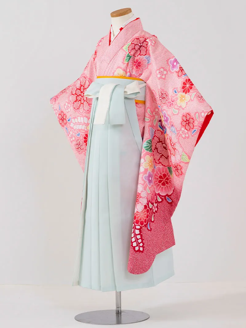 女児袴レンタル(7歳)0101 ピンク疋田に牡丹と藤＆バイカラー袴ミント