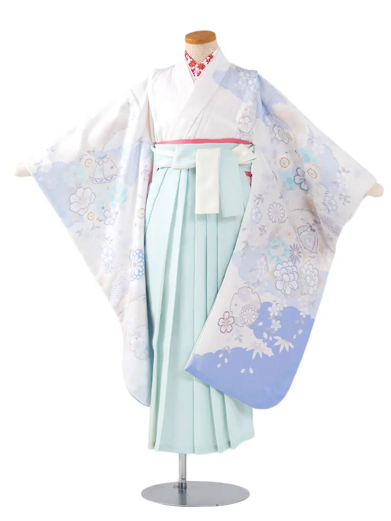 女児袴レンタル(7歳)0102 オフホワイト 鞠 花＆バイカラー袴ミント