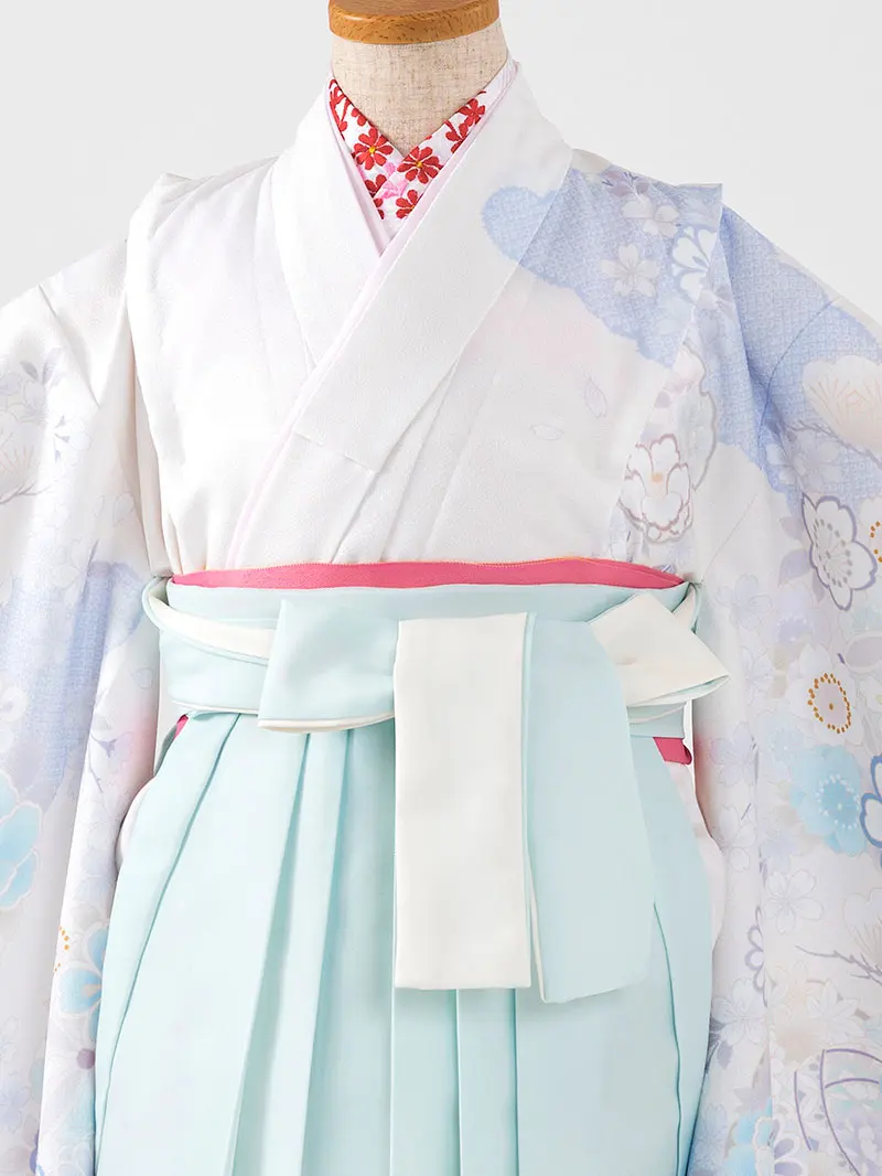 女児袴レンタル(7歳)0102 オフホワイト 鞠 花＆バイカラー袴ミント
