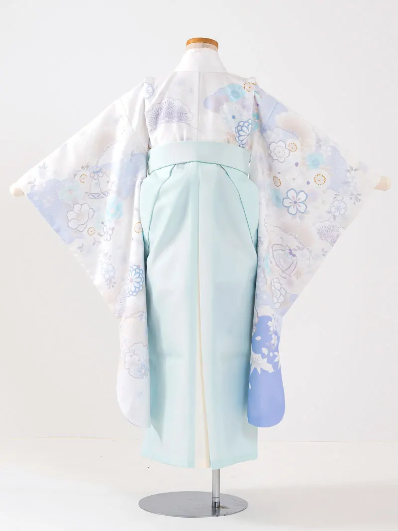 女児袴レンタル(7歳)0102 オフホワイト 鞠 花＆バイカラー袴ミント