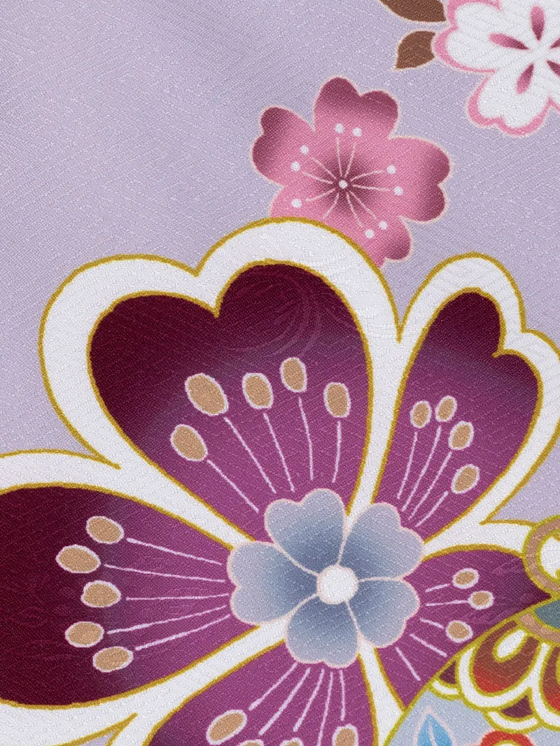 女児袴レンタル(7歳)0103 紫地に桜と鞠＆ピンク色刺繍袴
