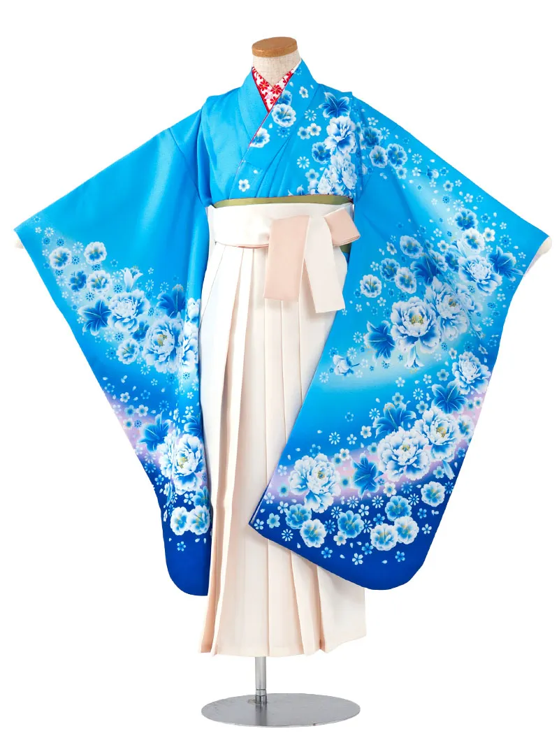 女児袴レンタル(7歳)0104 青地にユリと芍薬＆バイカラー袴アイボリー