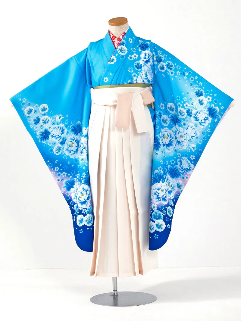 女児袴レンタル(7歳)0104 青地にユリと芍薬＆バイカラー袴アイボリー