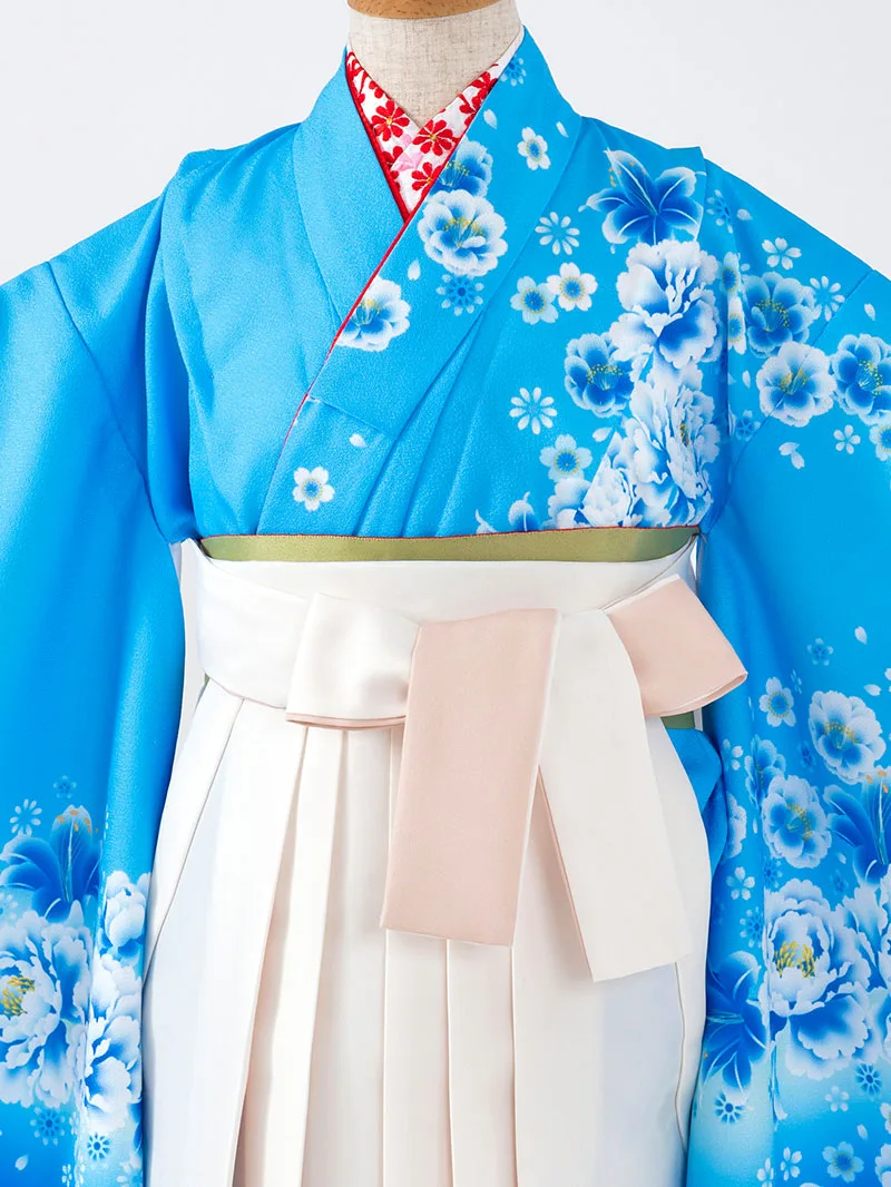 女児袴レンタル(7歳)0104 青地にユリと芍薬＆バイカラー袴アイボリー