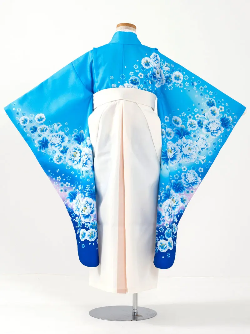 女児袴レンタル(7歳)0104 青地にユリと芍薬＆バイカラー袴アイボリー