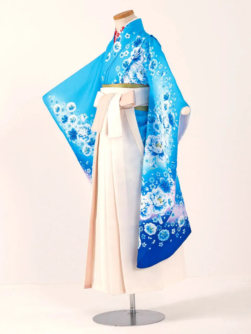 女児袴レンタル(7歳)0104 青地にユリと芍薬＆バイカラー袴アイボリー