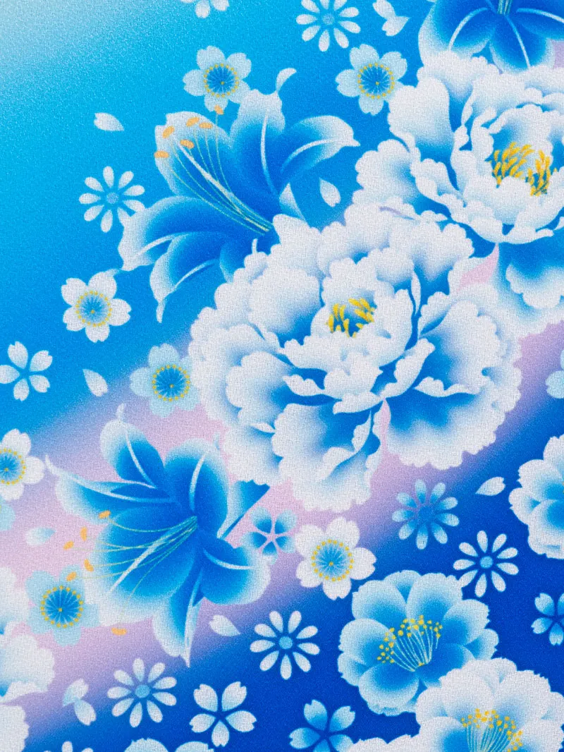 女児袴レンタル(7歳)0104 青地にユリと芍薬＆バイカラー袴アイボリー