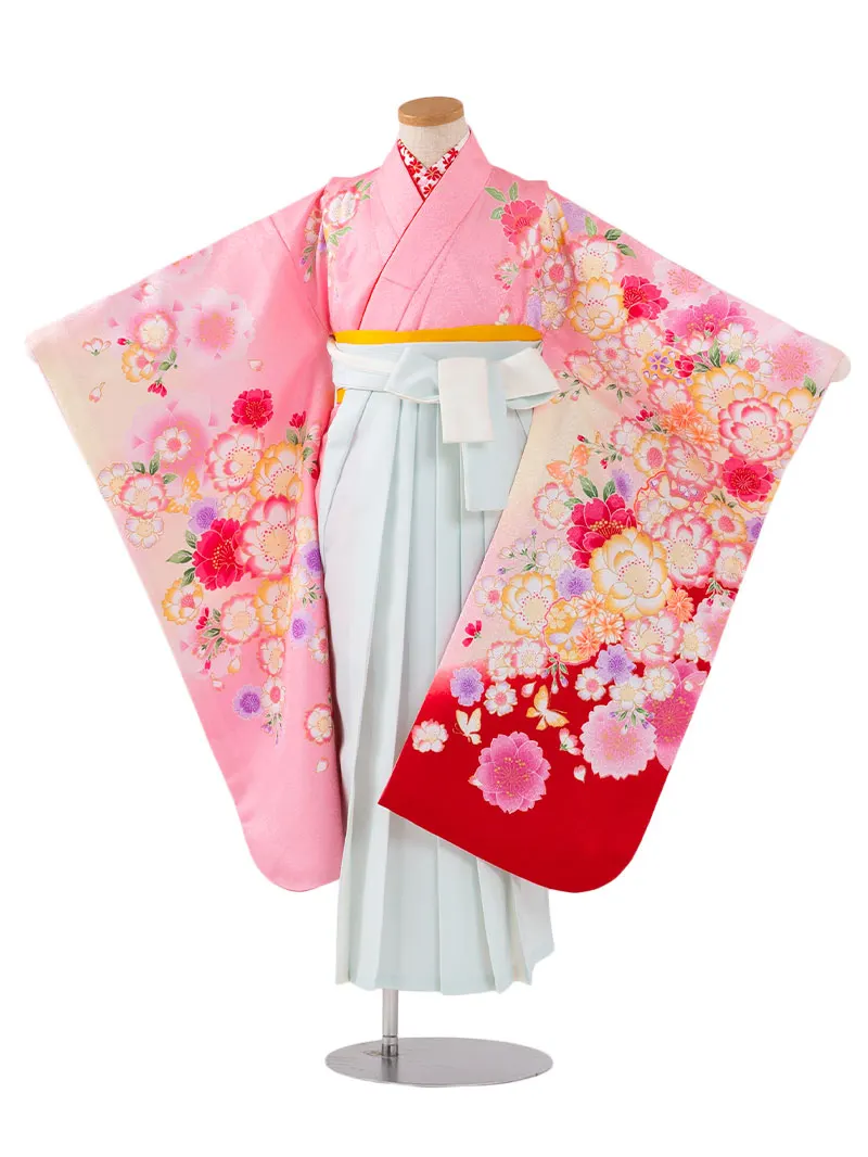 女児袴レンタル(7歳)0105 ピンク地に八重桜と蝶々＆バイカラー袴ミント