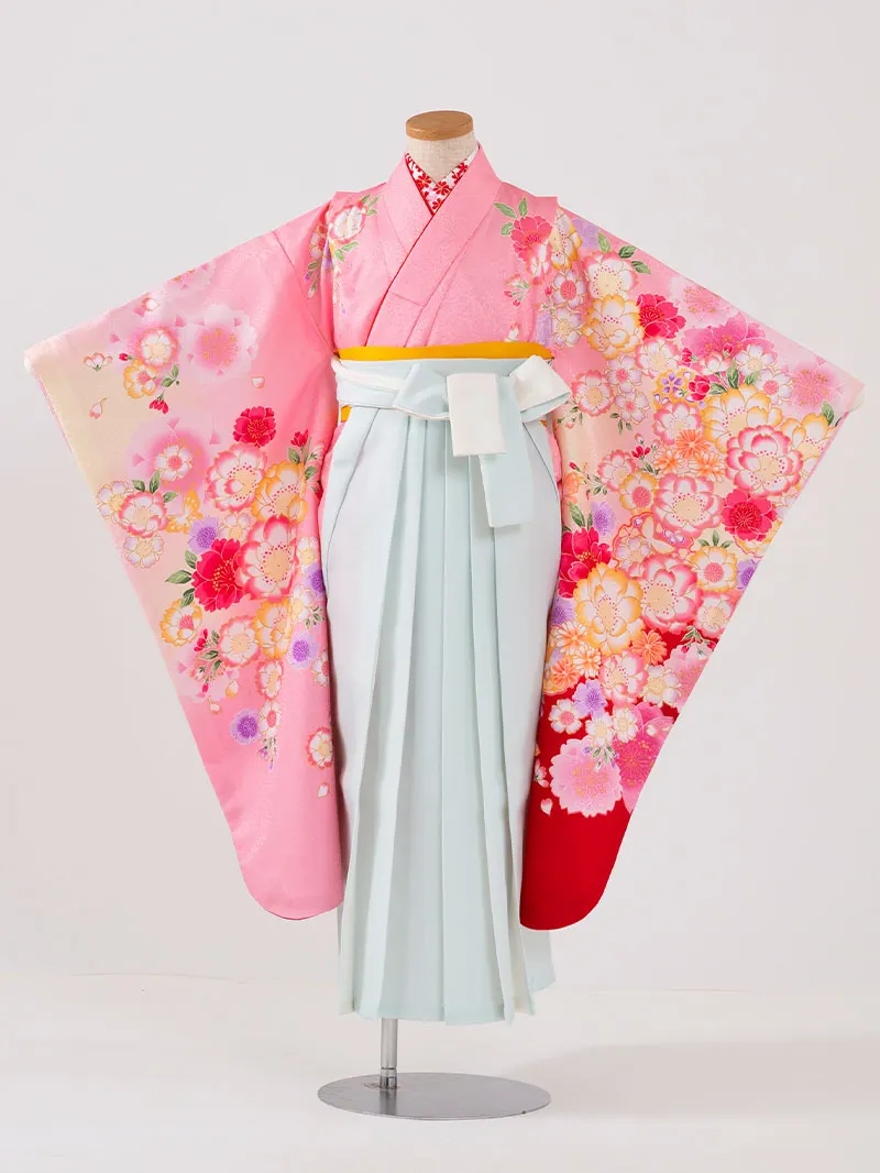 女児袴レンタル(7歳)0105 ピンク地に八重桜と蝶々＆バイカラー袴ミント
