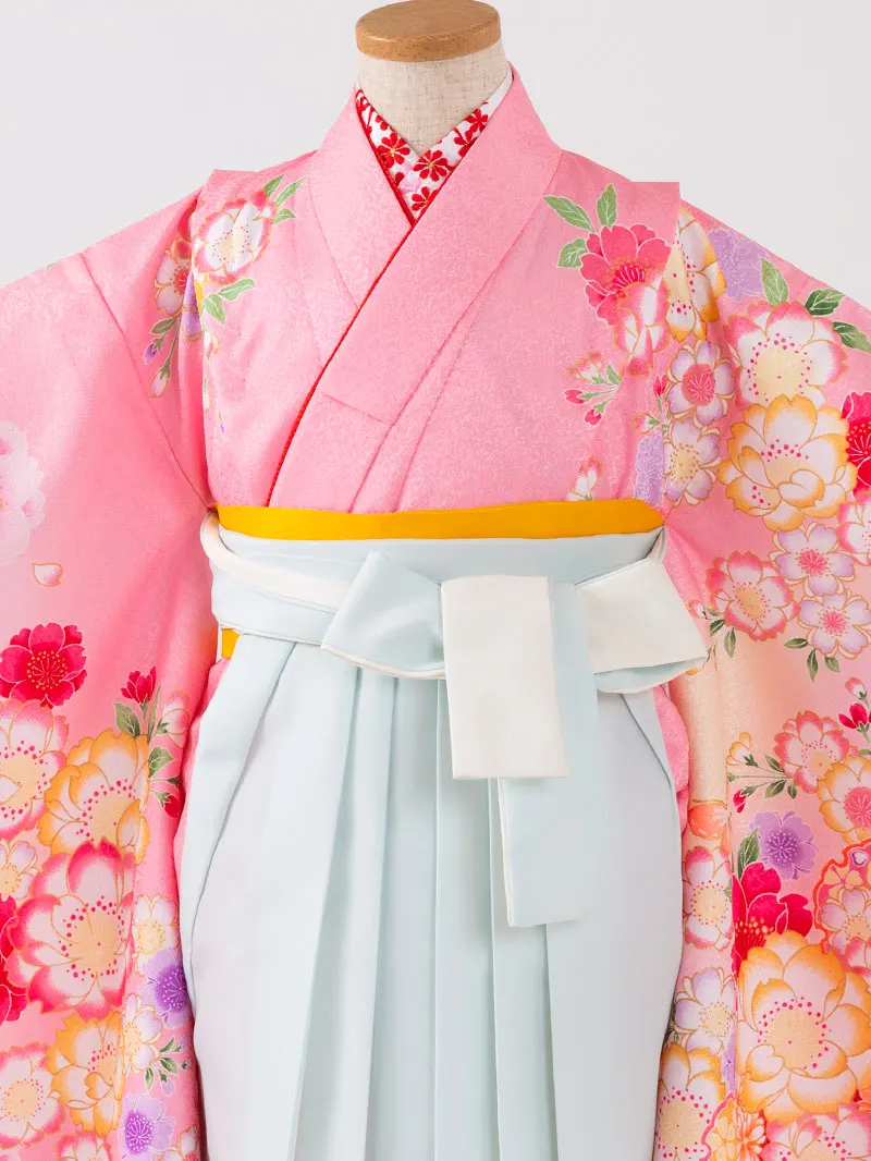 女児袴レンタル(7歳)0105 ピンク地に八重桜と蝶々＆バイカラー袴ミント