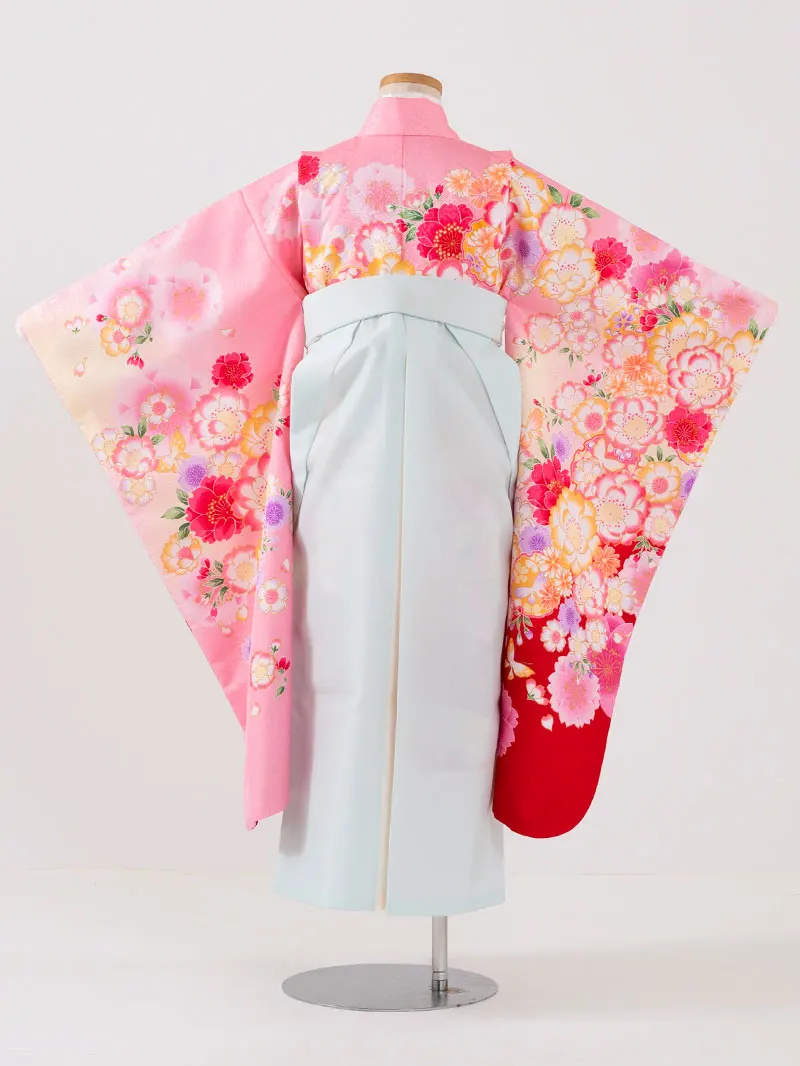 女児袴レンタル(7歳)0105 ピンク地に八重桜と蝶々＆バイカラー袴ミント