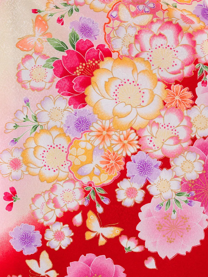 女児袴レンタル(7歳)0105 ピンク地に八重桜と蝶々＆バイカラー袴ミント