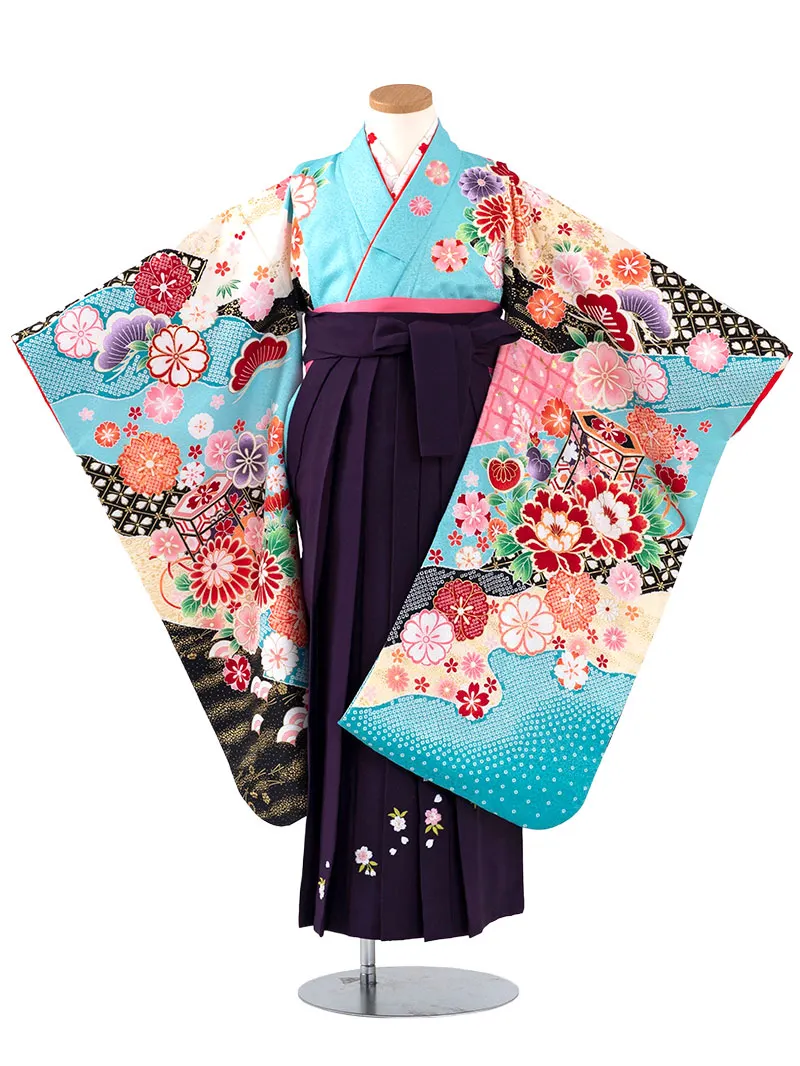 女児袴レンタル(7歳)0106 浅葱色疋田地に貝桶と芍薬＆紫刺繍袴
