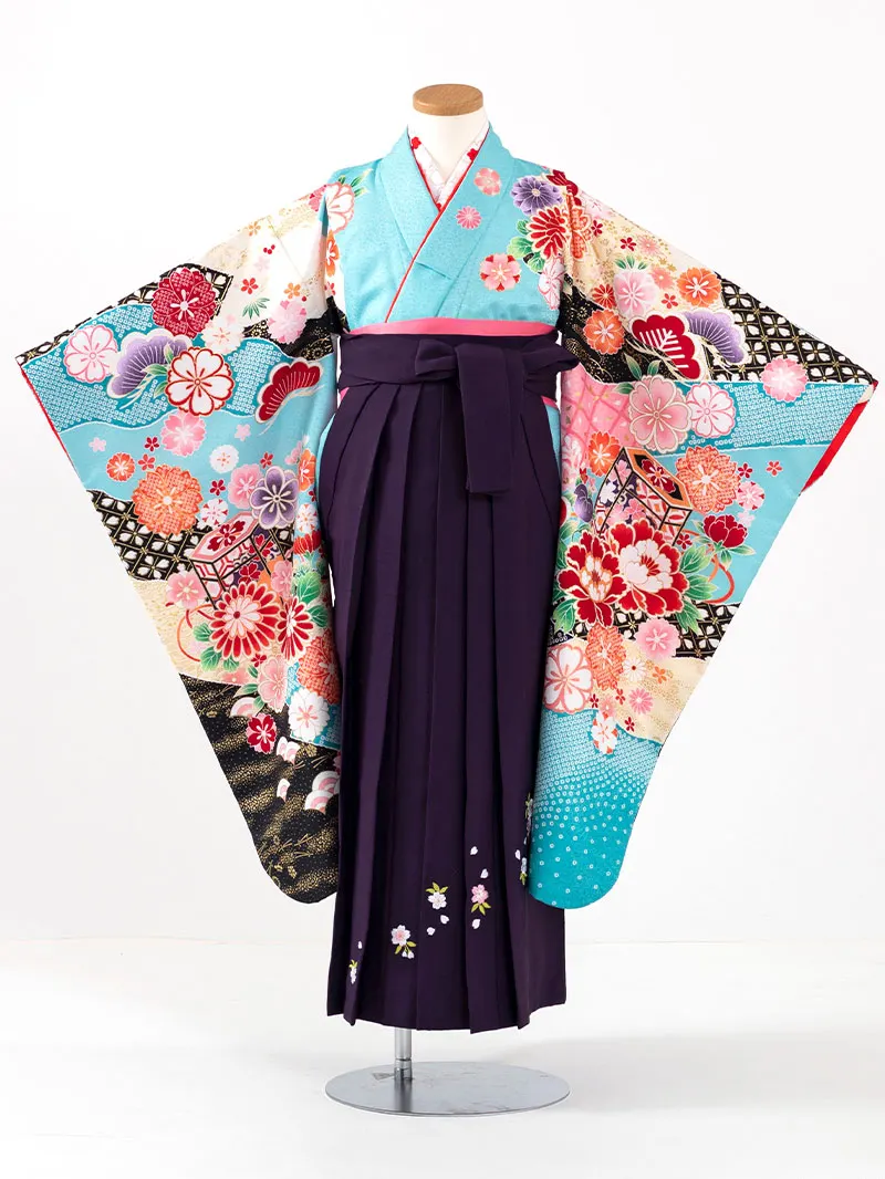 女児袴レンタル(7歳)0106 浅葱色疋田地に貝桶と芍薬＆紫刺繍袴
