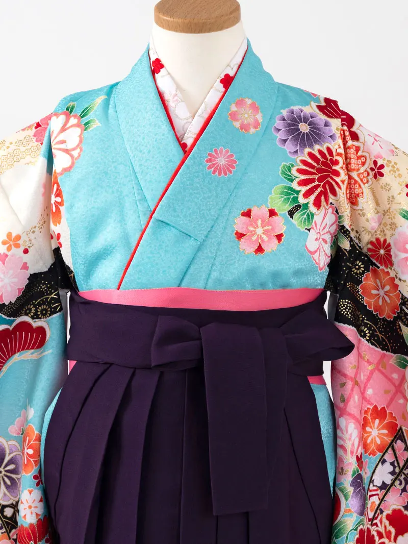 女児袴レンタル(7歳)0106 浅葱色疋田地に貝桶と芍薬＆紫刺繍袴