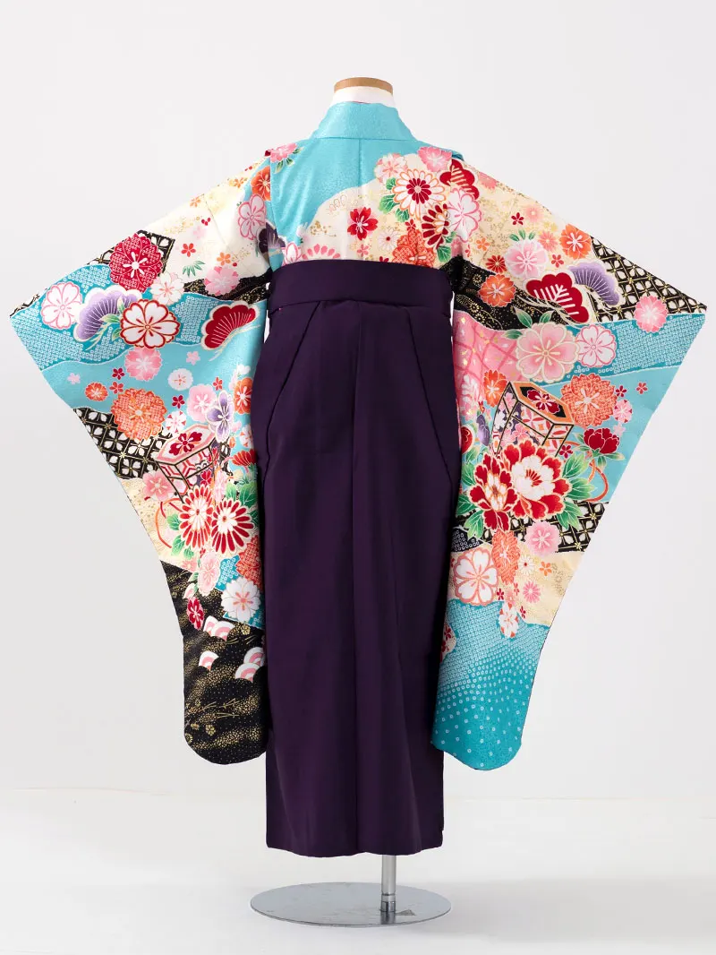 女児袴レンタル(7歳)0106 浅葱色疋田地に貝桶と芍薬＆紫刺繍袴