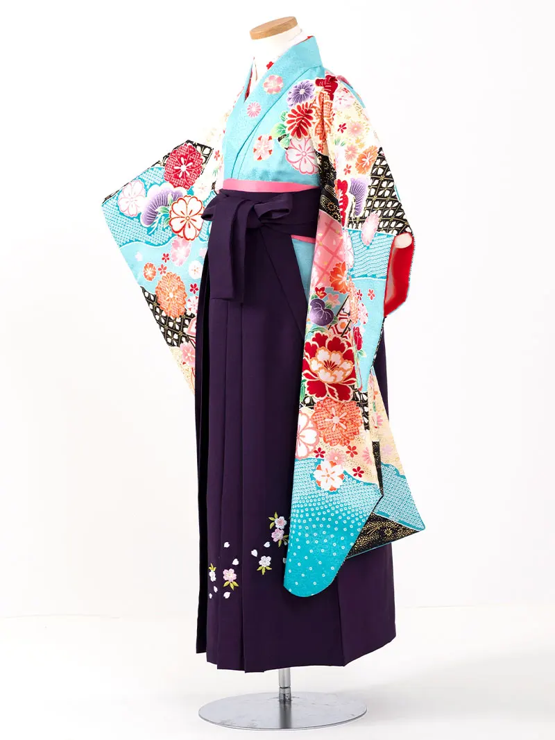 女児袴レンタル(7歳)0106 浅葱色疋田地に貝桶と芍薬＆紫刺繍袴