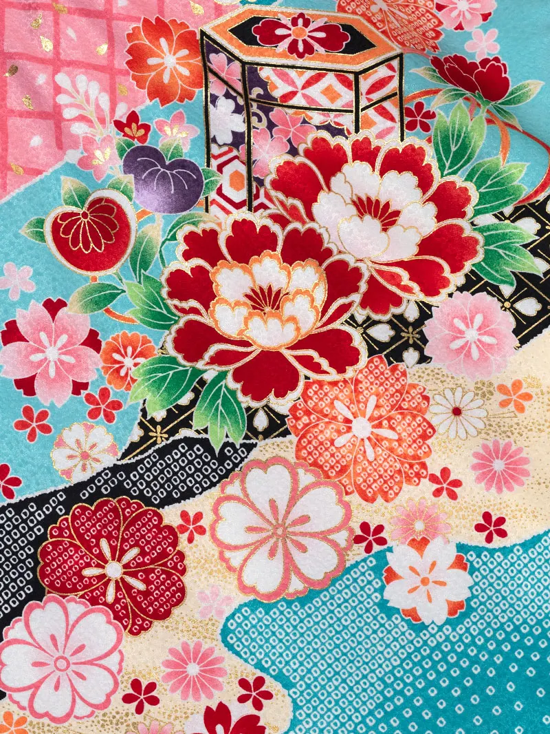 女児袴レンタル(7歳)0106 浅葱色疋田地に貝桶と芍薬＆紫刺繍袴