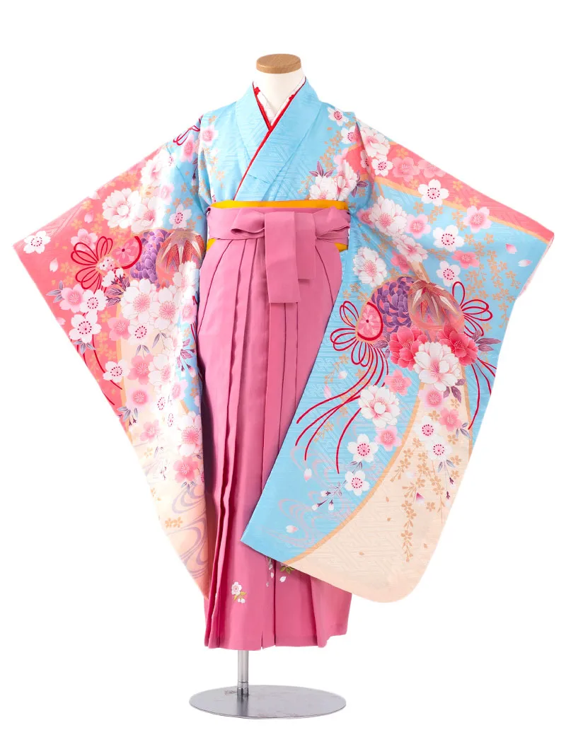 女児袴レンタル(7歳)0107 水色地に桜と芍薬＆刺繍袴 ピンク