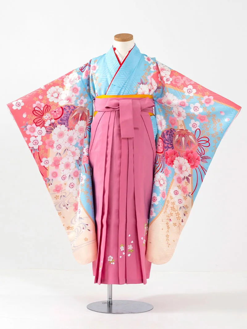 女児袴レンタル(7歳)0107 水色地に桜と芍薬＆刺繍袴 ピンク