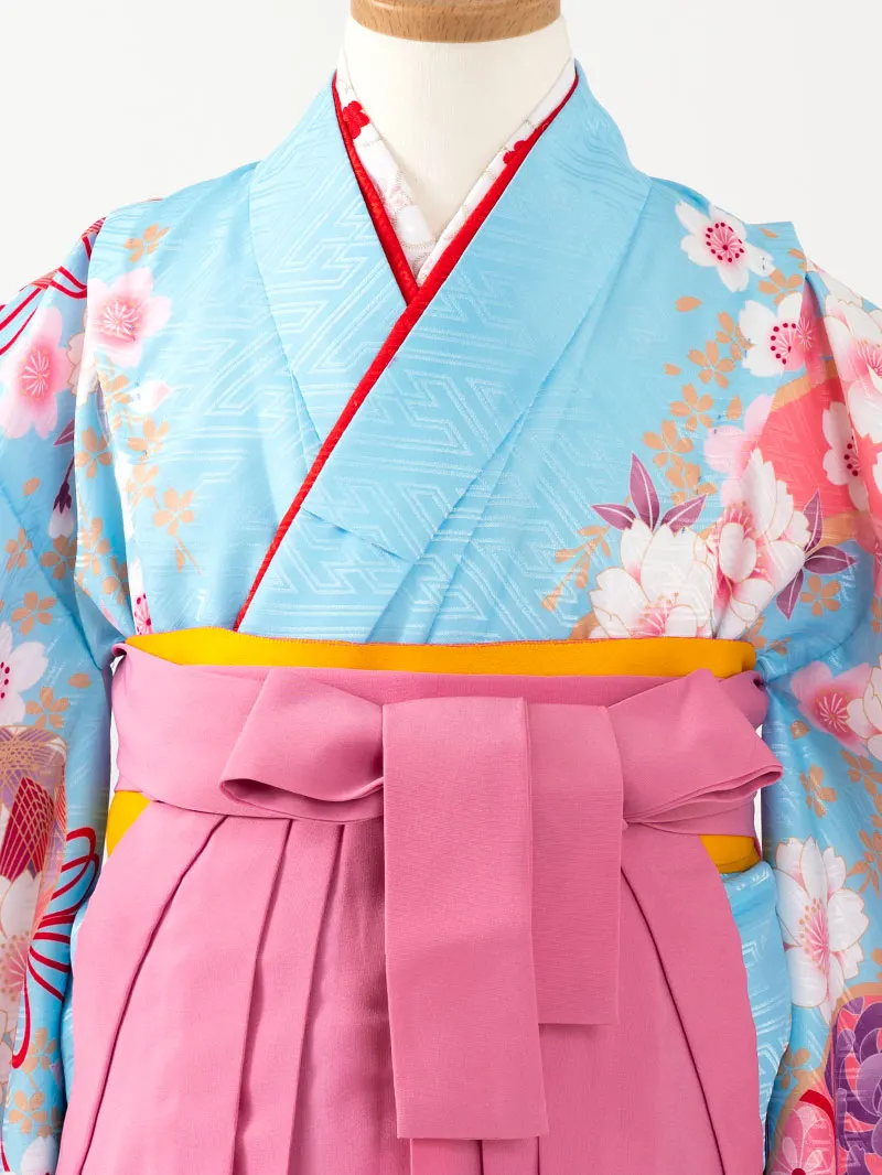 女児袴レンタル(7歳)0107 水色地に桜と芍薬＆刺繍袴 ピンク