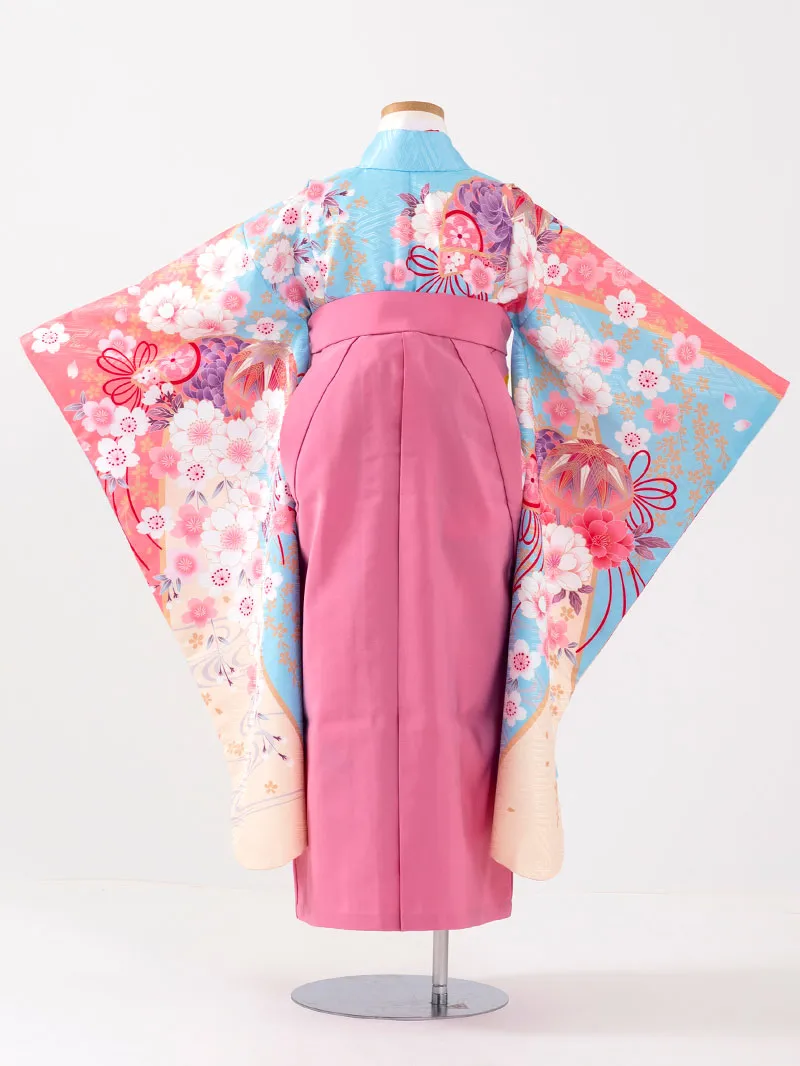 女児袴レンタル(7歳)0107 水色地に桜と芍薬＆刺繍袴 ピンク