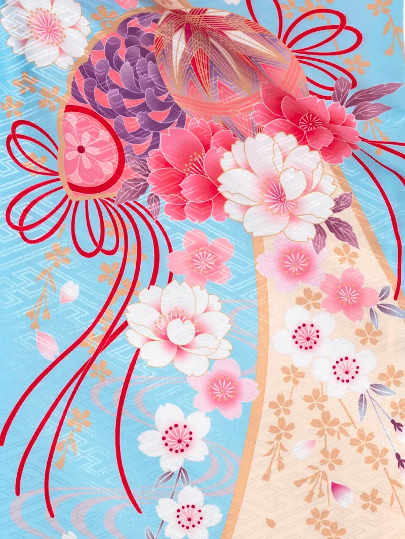 女児袴レンタル(7歳)0107 水色地に桜と芍薬＆刺繍袴 ピンク