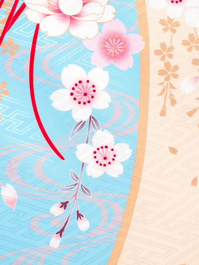 女児袴レンタル(7歳)0107 水色地に桜と芍薬＆刺繍袴 ピンク