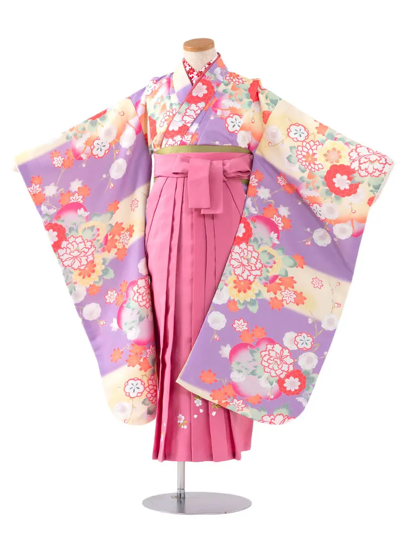 女児袴レンタル(7歳)0108 紫地に牡丹と菊＆刺繍袴 ピンク