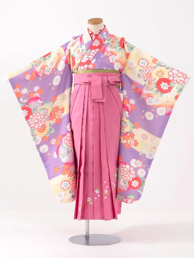 女児袴レンタル(7歳)0108 紫地に牡丹と菊＆刺繍袴 ピンク