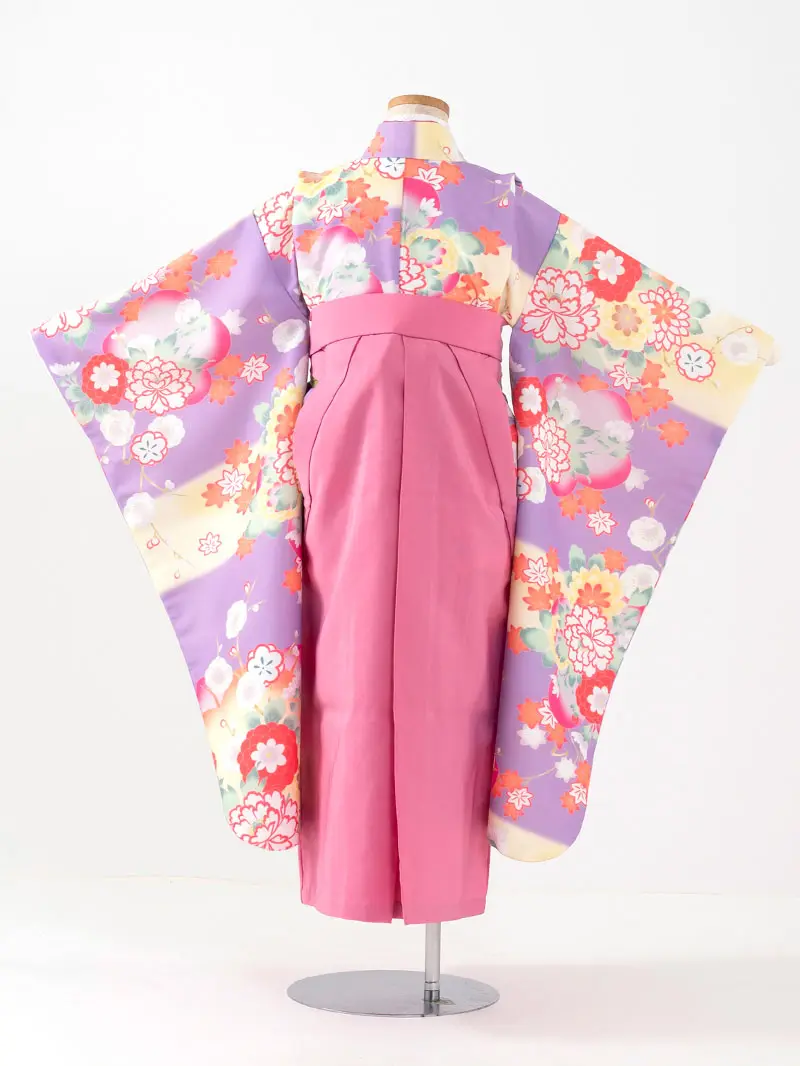 女児袴レンタル(7歳)0108 紫地に牡丹と菊＆刺繍袴 ピンク