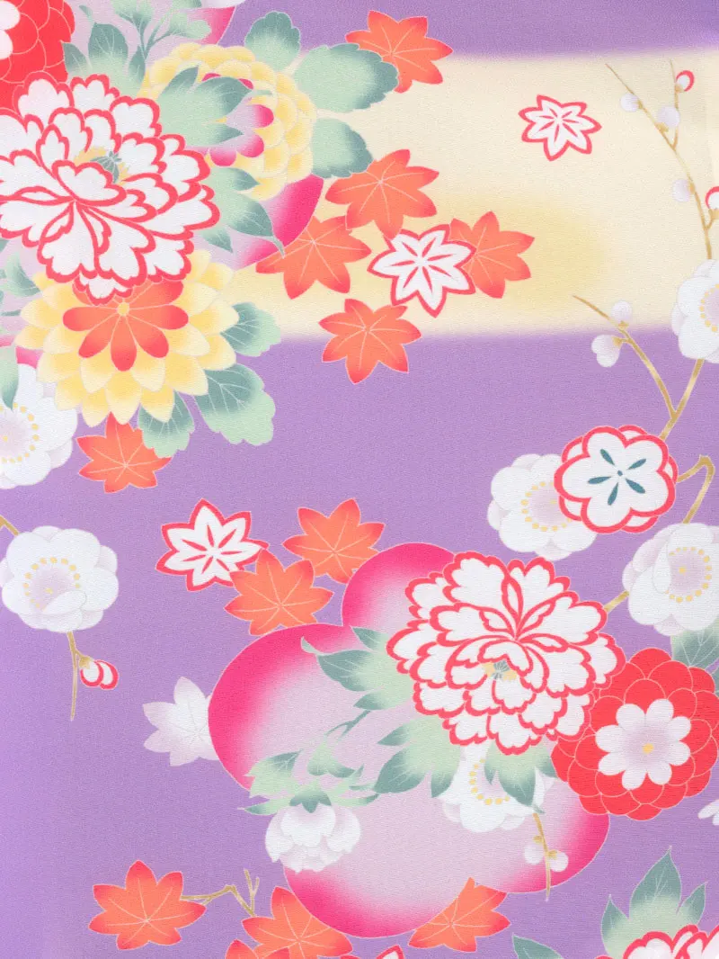 女児袴レンタル(7歳)0108 紫地に牡丹と菊＆刺繍袴 ピンク