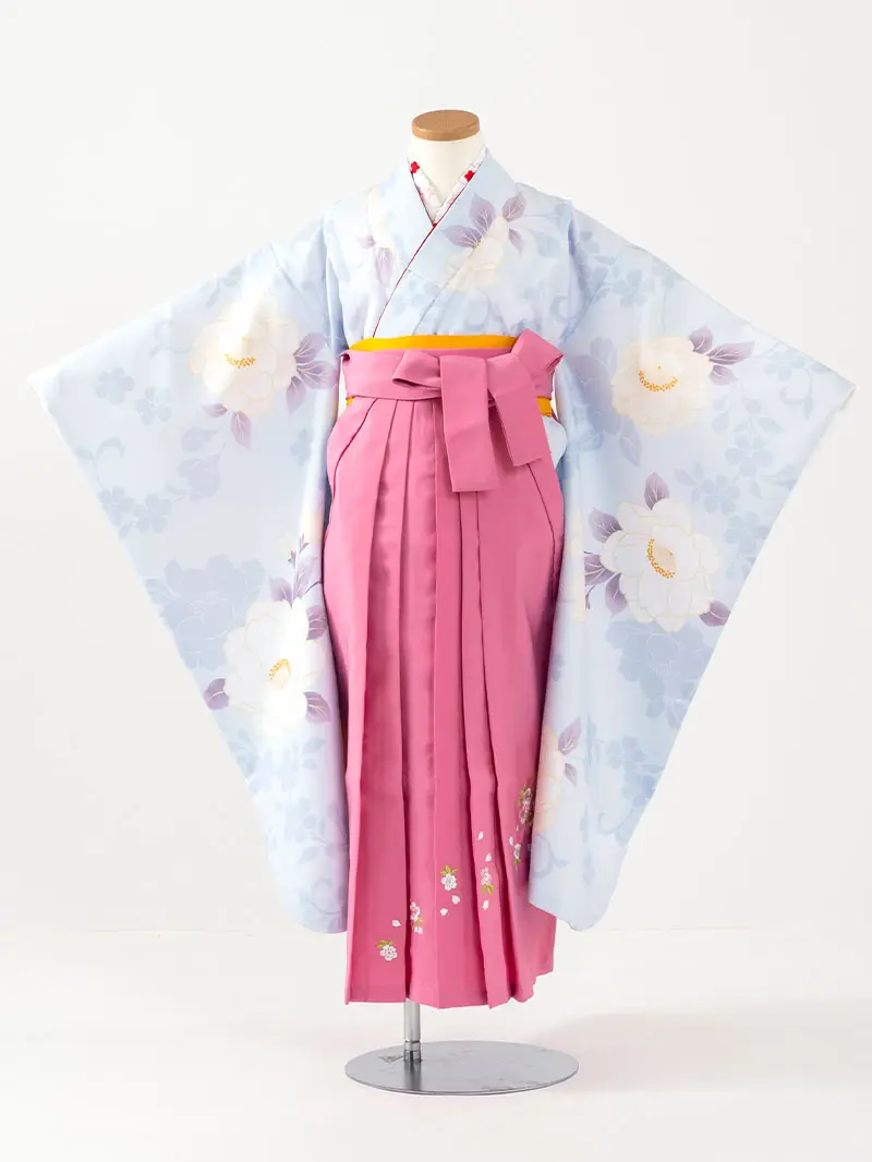 女児袴レンタル(7歳)0109 水色地に桜＆刺繍袴 ピンク