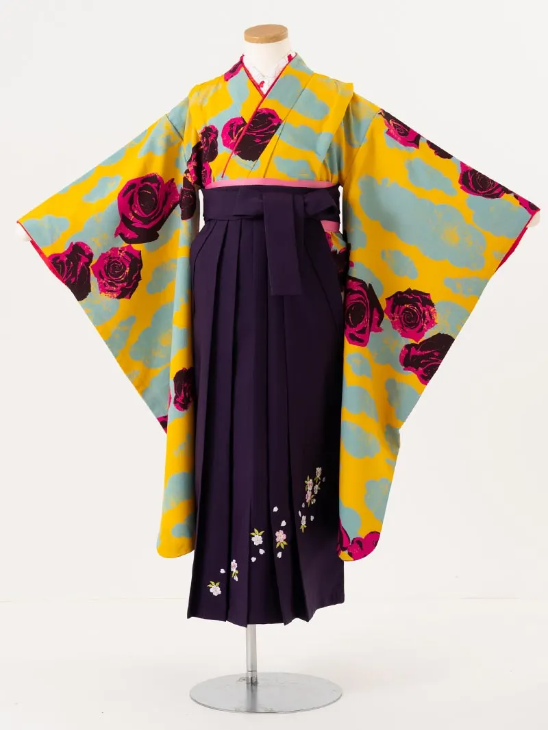 女児袴レンタル(7歳)0110 黄色 薔薇＆刺繍袴 紫