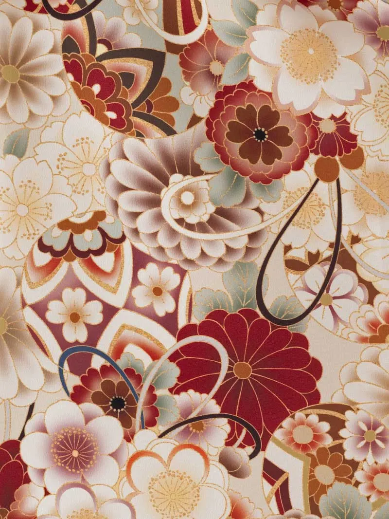 女児袴レンタル(7歳)0118　クリーム色 菊 牡丹 桜＆刺繍袴ピンク