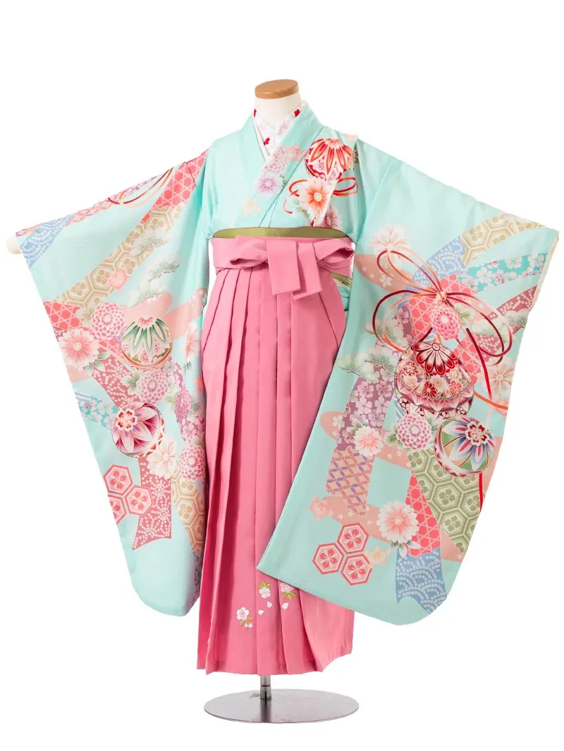 女児袴レンタル(7歳)0121 水色 手毬 桜 牡丹＆刺繍袴ピンク