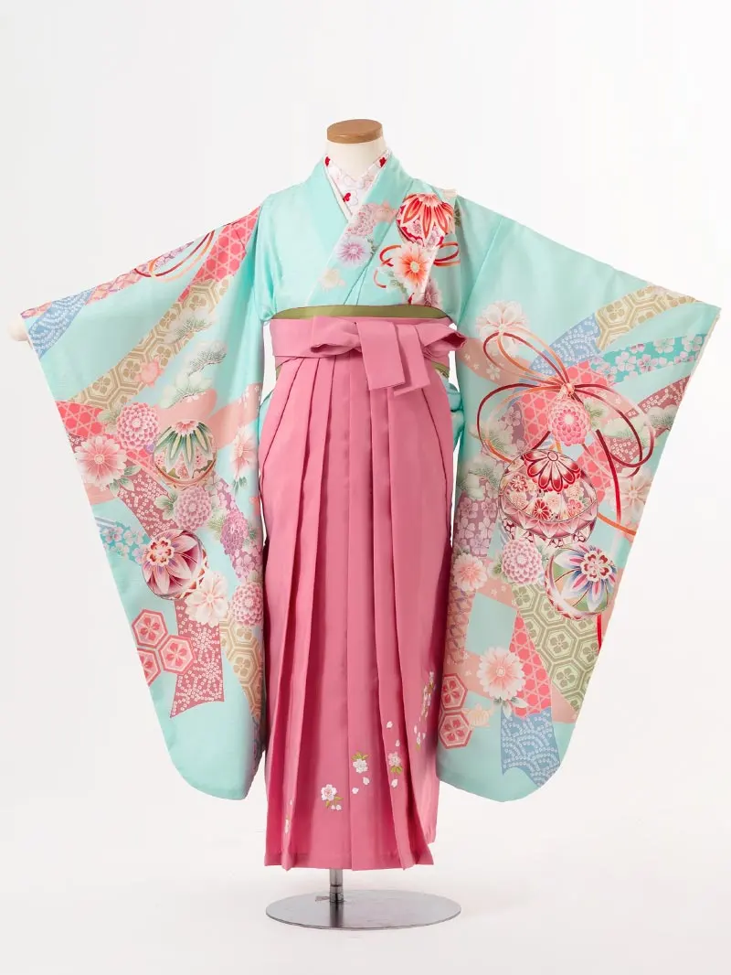 女児袴レンタル(7歳)0121 水色 手毬 桜 牡丹＆刺繍袴ピンク