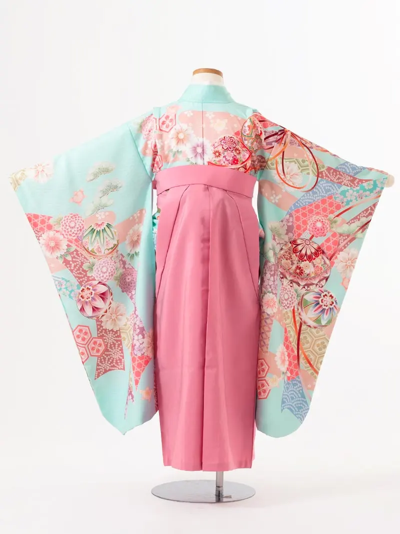 女児袴レンタル(7歳)0121 水色 手毬 桜 牡丹＆刺繍袴ピンク