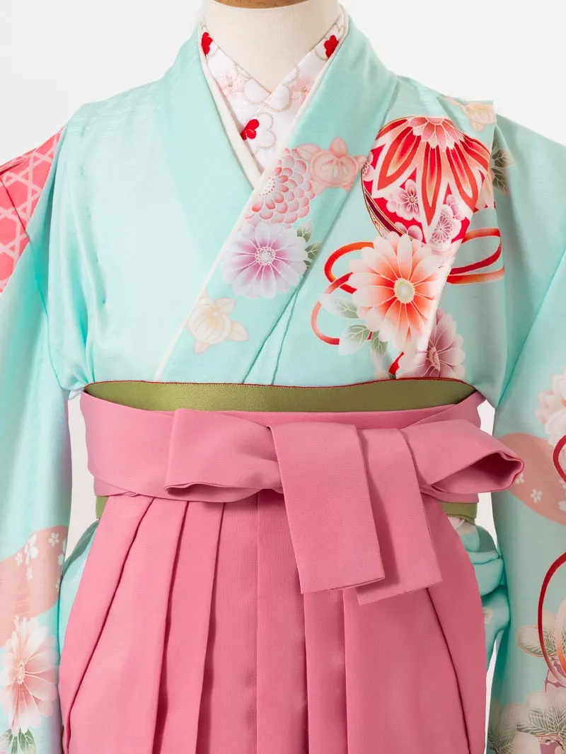 女児袴レンタル(7歳)0121 水色 手毬 桜 牡丹＆刺繍袴ピンク