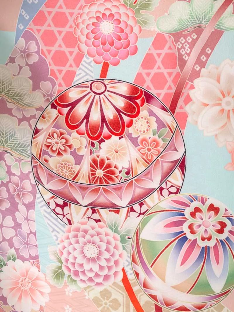 女児袴レンタル(7歳)0121 水色 手毬 桜 牡丹＆刺繍袴ピンク