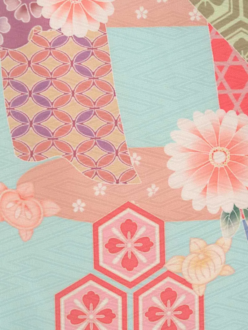 女児袴レンタル(7歳)0121 水色 手毬 桜 牡丹＆刺繍袴ピンク