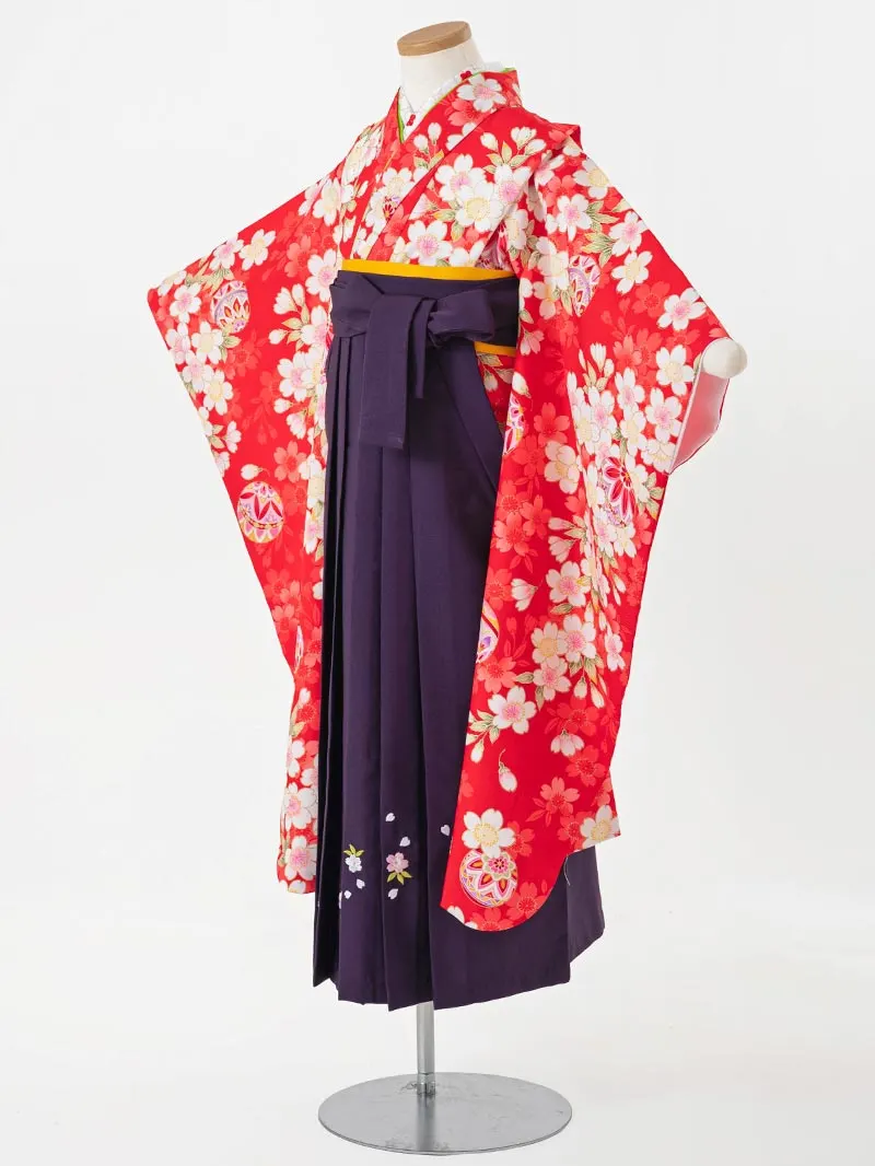 女児袴レンタル(7歳)0132 赤地に鞠と桜＆刺繍袴紫