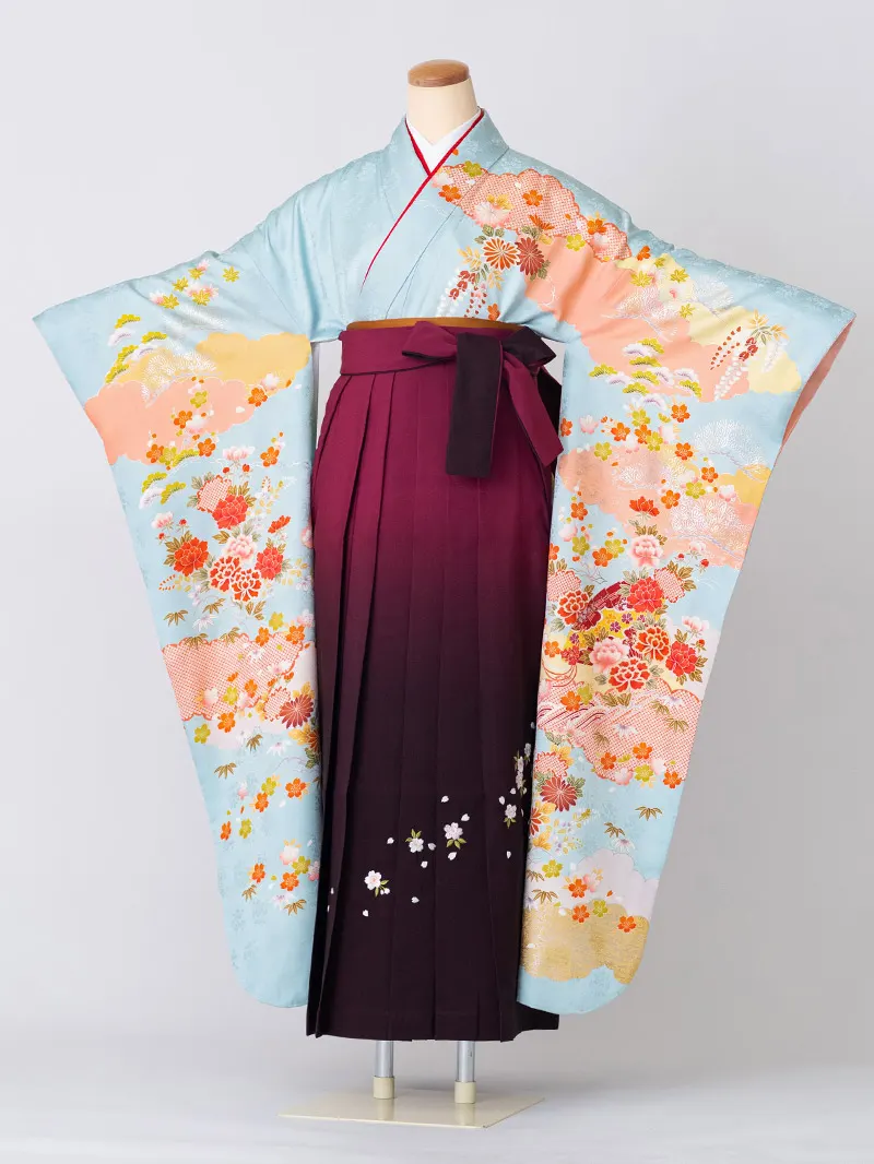 レンタル 卒業袴 二尺袖 0003 水色地に松竹梅×ぼかし刺繍袴 えんじ