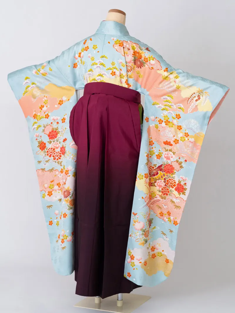 レンタル 卒業袴 二尺袖 0003 水色地に松竹梅×ぼかし刺繍袴 えんじ