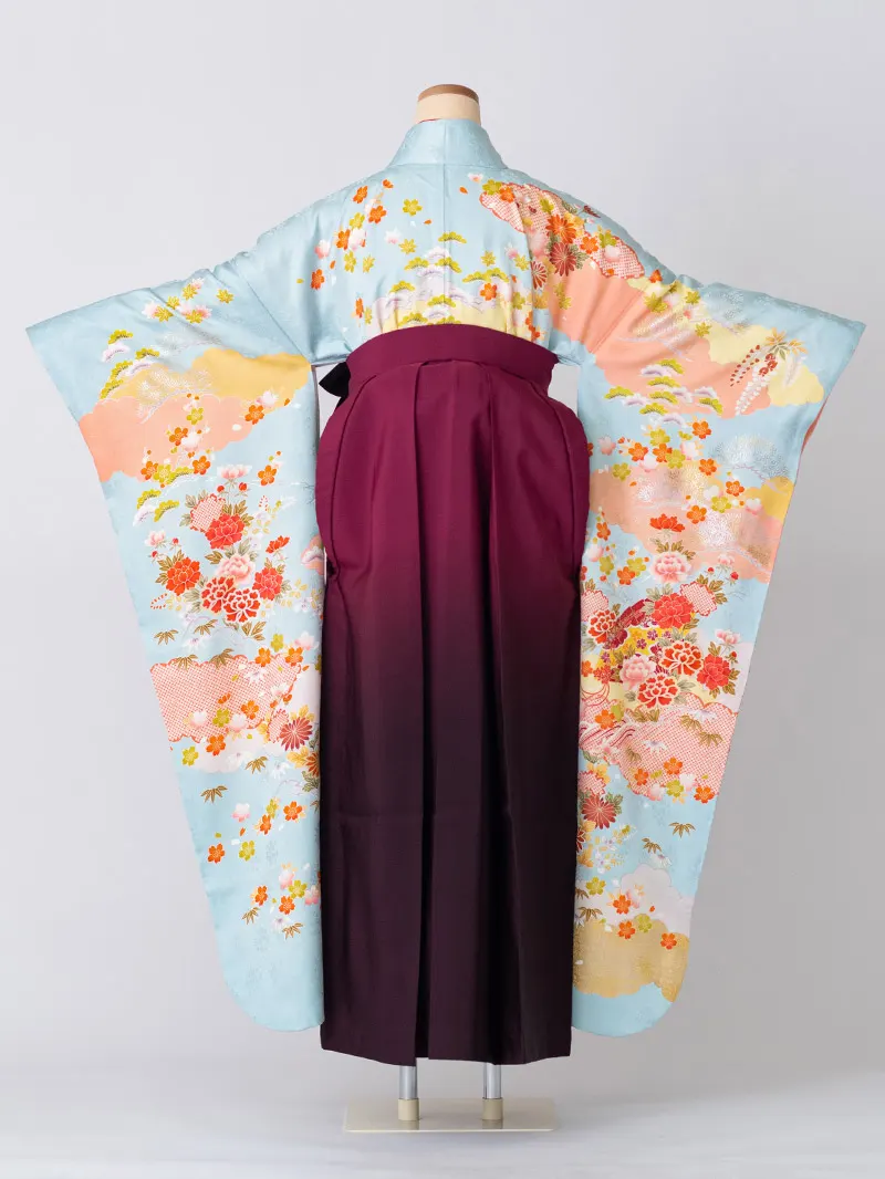 レンタル 卒業袴 二尺袖 0003 水色地に松竹梅×ぼかし刺繍袴 えんじ