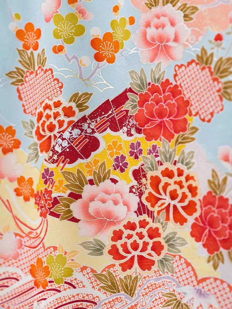 レンタル 卒業袴 二尺袖 0003 水色地に松竹梅×ぼかし刺繍袴 えんじ